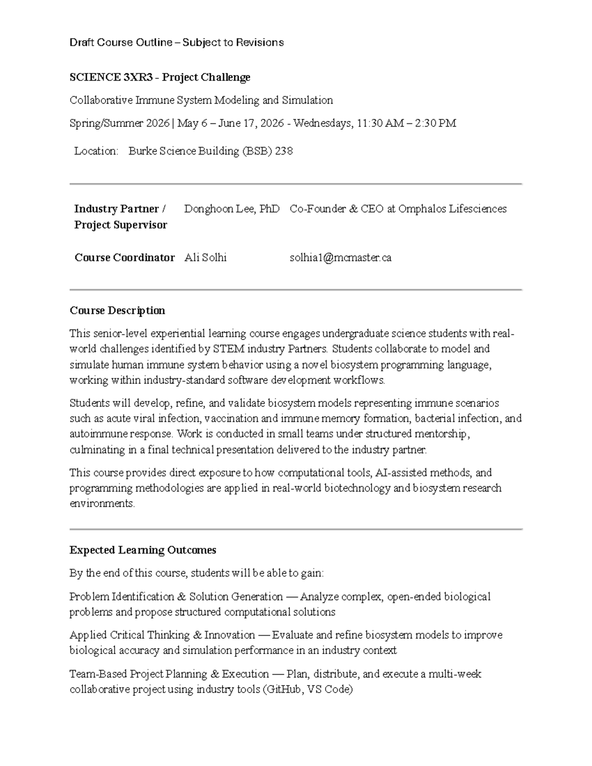 Science 3XR3 - Draft Course Outline for Immune System Modeling - Studocu