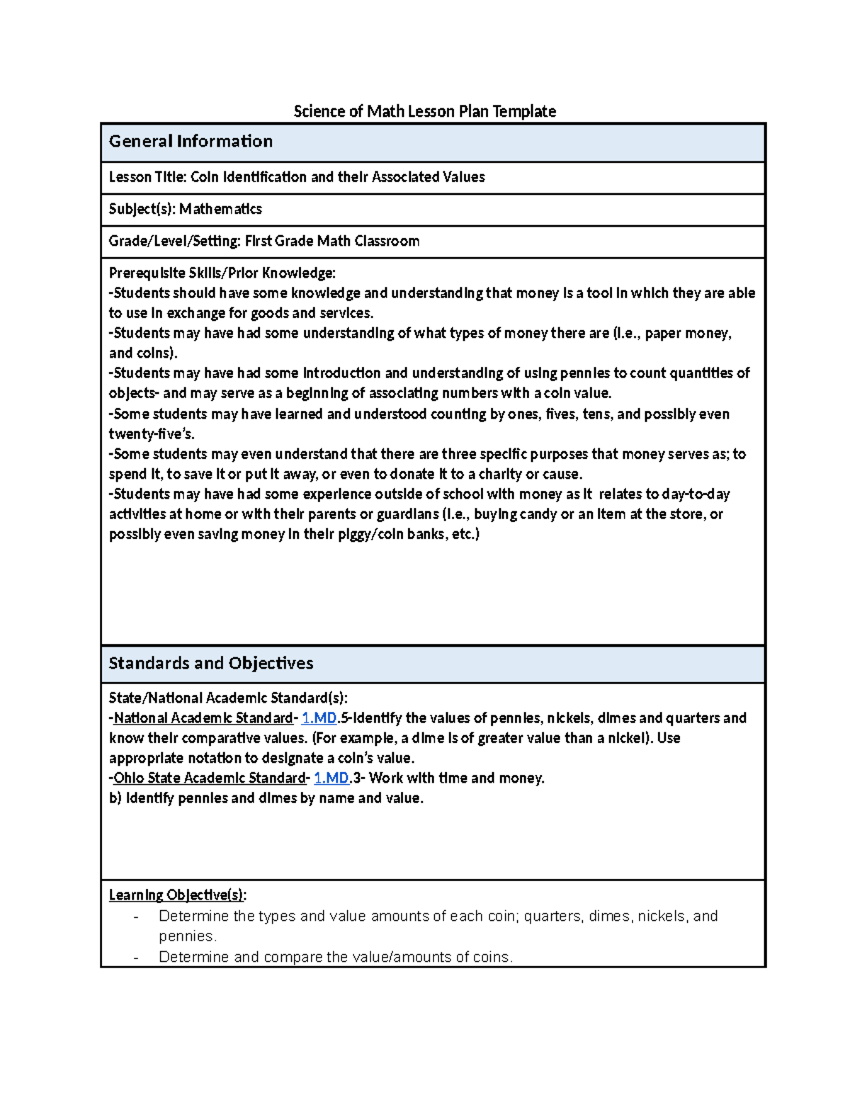 Math 1: Coin Identification & Values Lesson Plan Template - Studocu