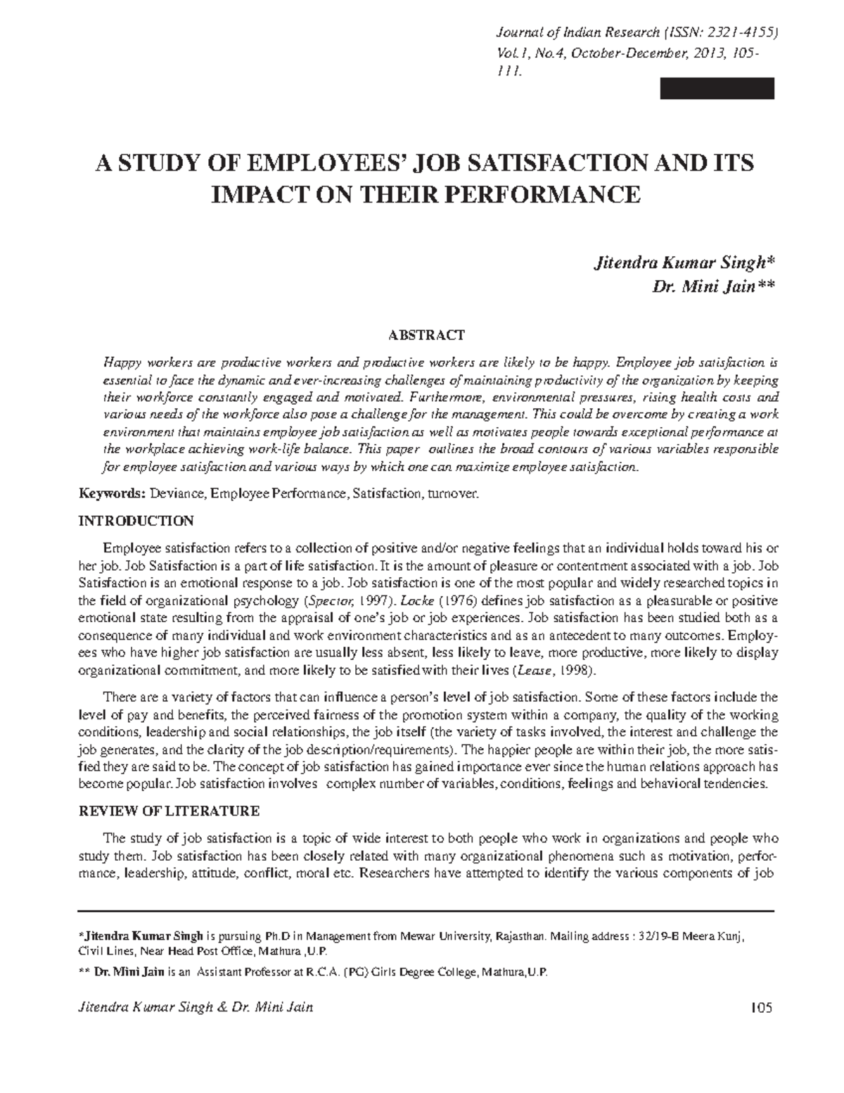 A Study of Employee Job Satisfaction & Its Impact on Performance - Studocu