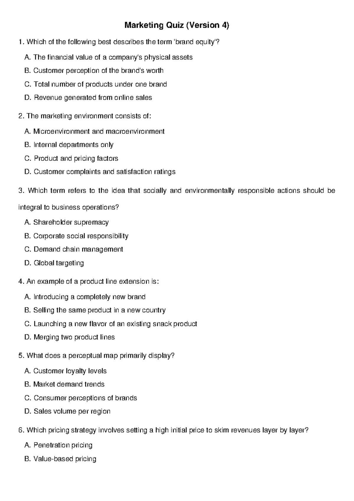 Marketing Quiz (Kotler 19) - Version 4 Answers and Key Concepts - Studocu