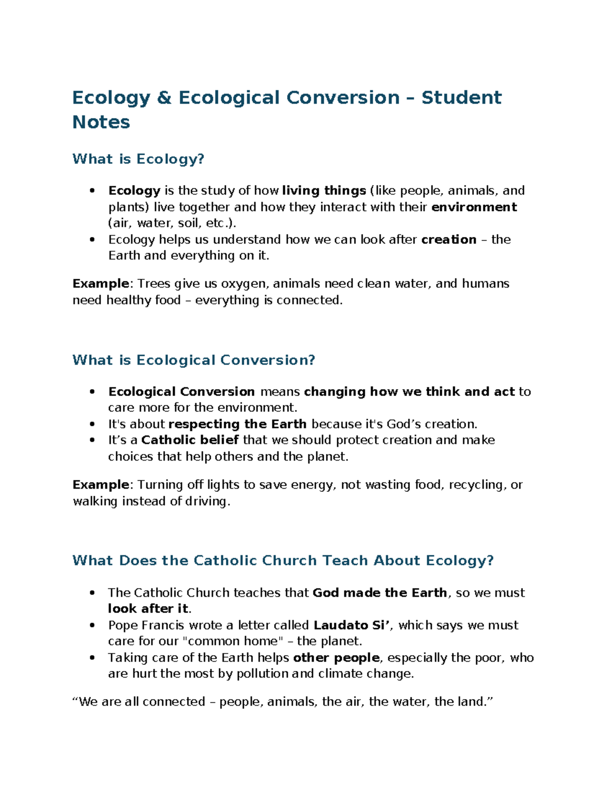Ecology & Ecological Conversion: Student Notes on Environmental Care ...