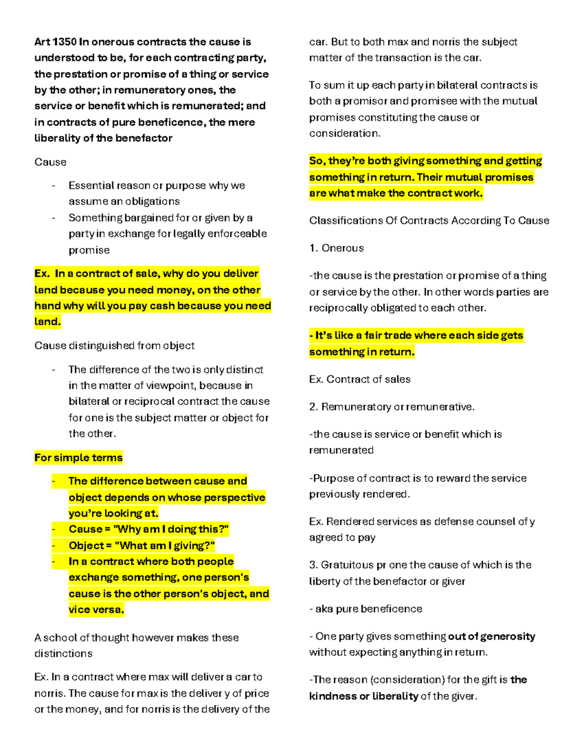 Oblicon 1350: Understanding Cause in Onerous Contracts - Studocu