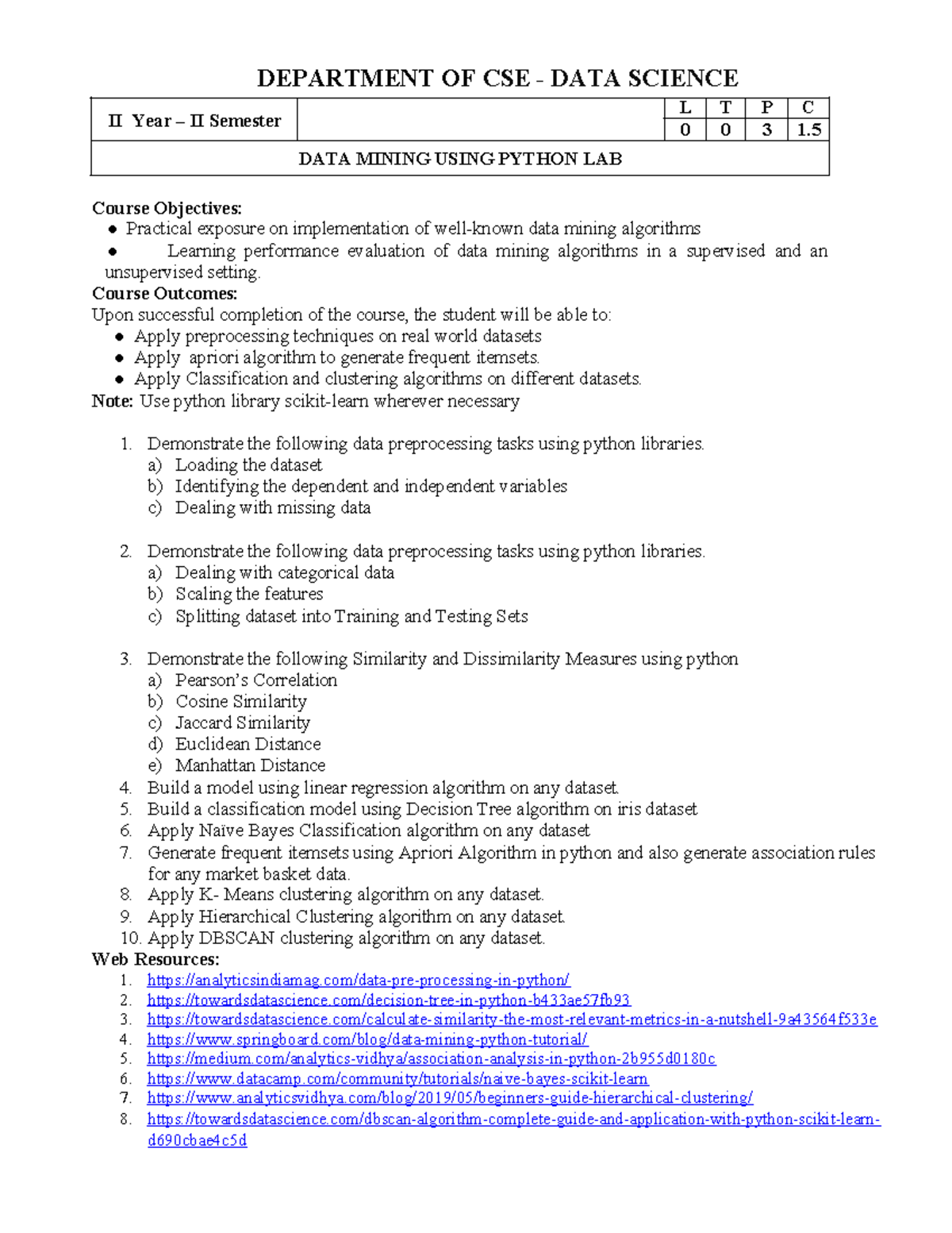 DATA MINING USING PYTHON LAB - CSE II Year II Sem T0 P3 C1.5 - Studocu