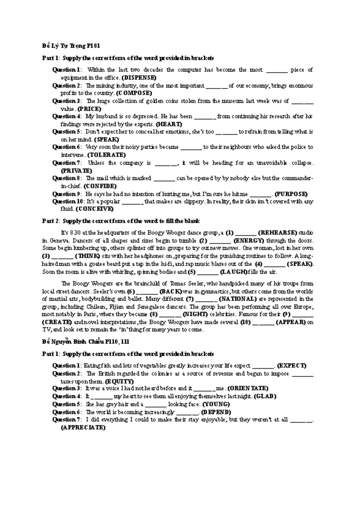 Đề Olympic P101: Word form exercises and answers - Studocu