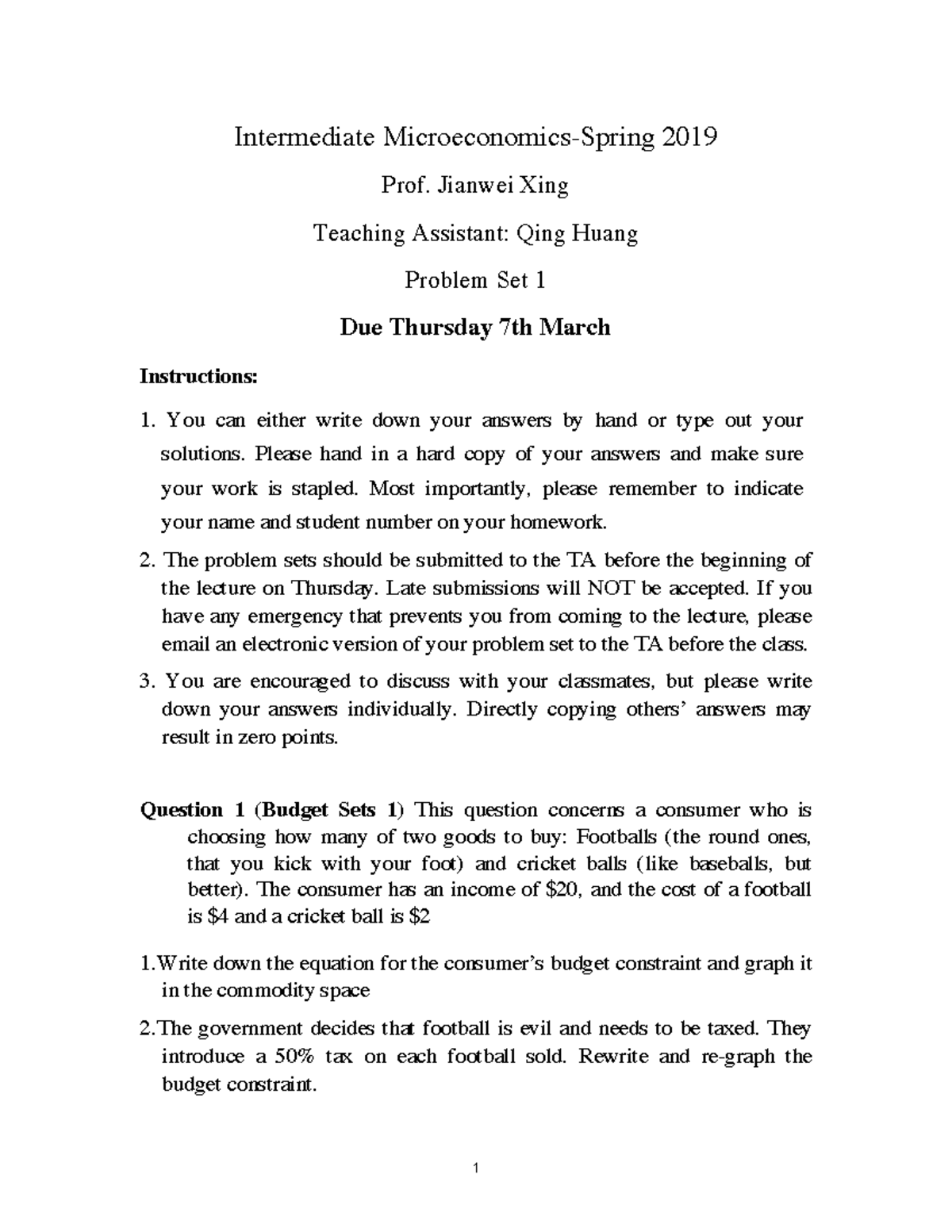 Intermediate Microeconomics Problem Set 1 - Spring 2019 - Studocu