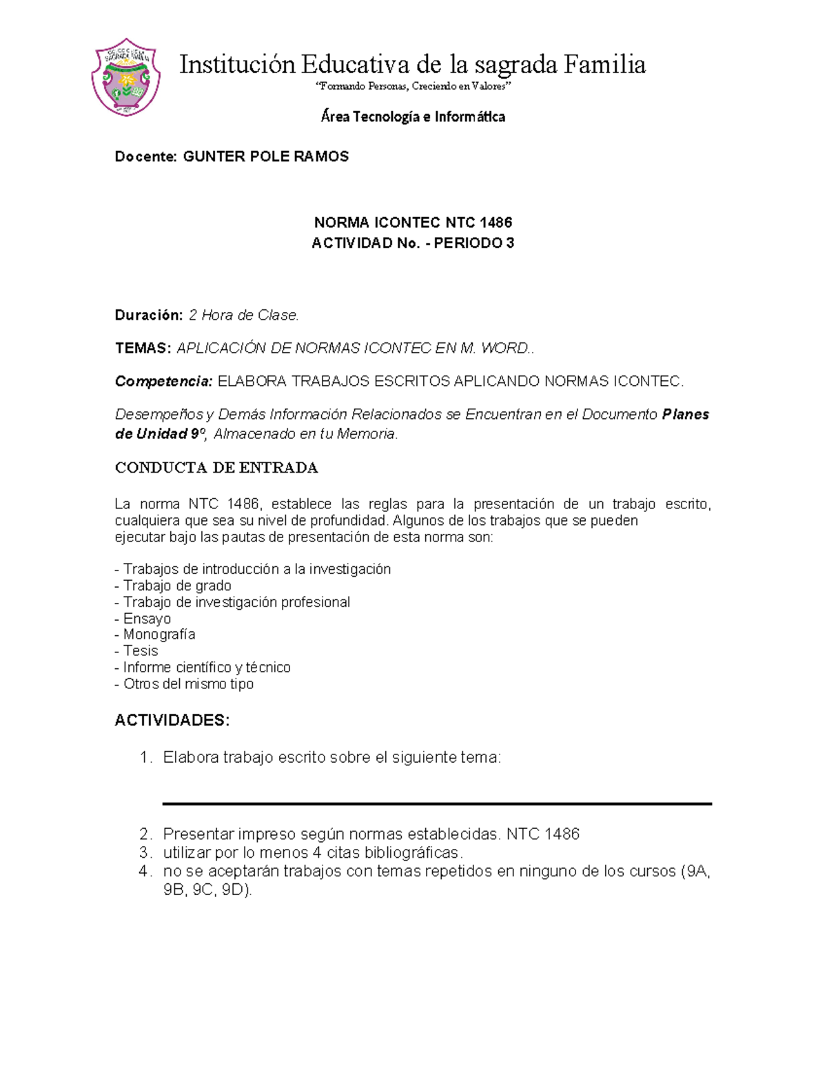 Actividad 2 - Normas Icontec NTC 1486 para P3 en M. Word - Studocu