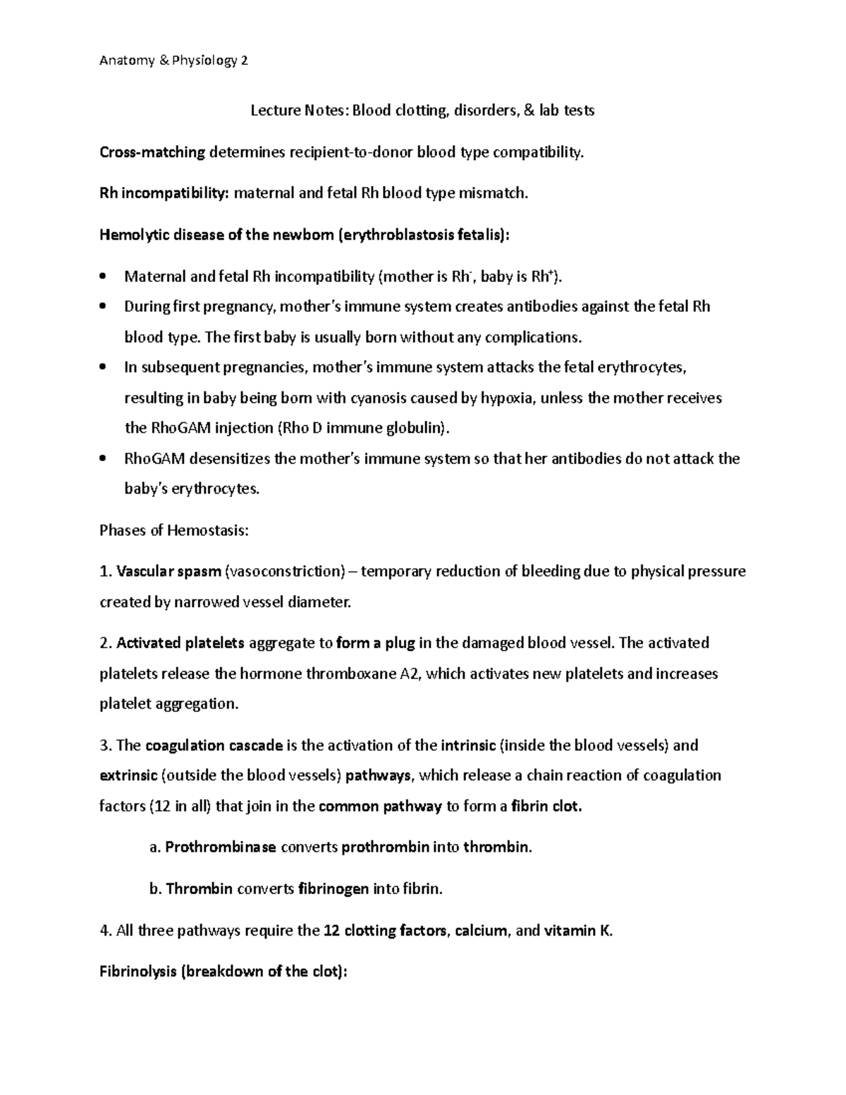 A&P 2 Lecture Notes: Blood Clotting Disorders & Lab Tests - Studocu