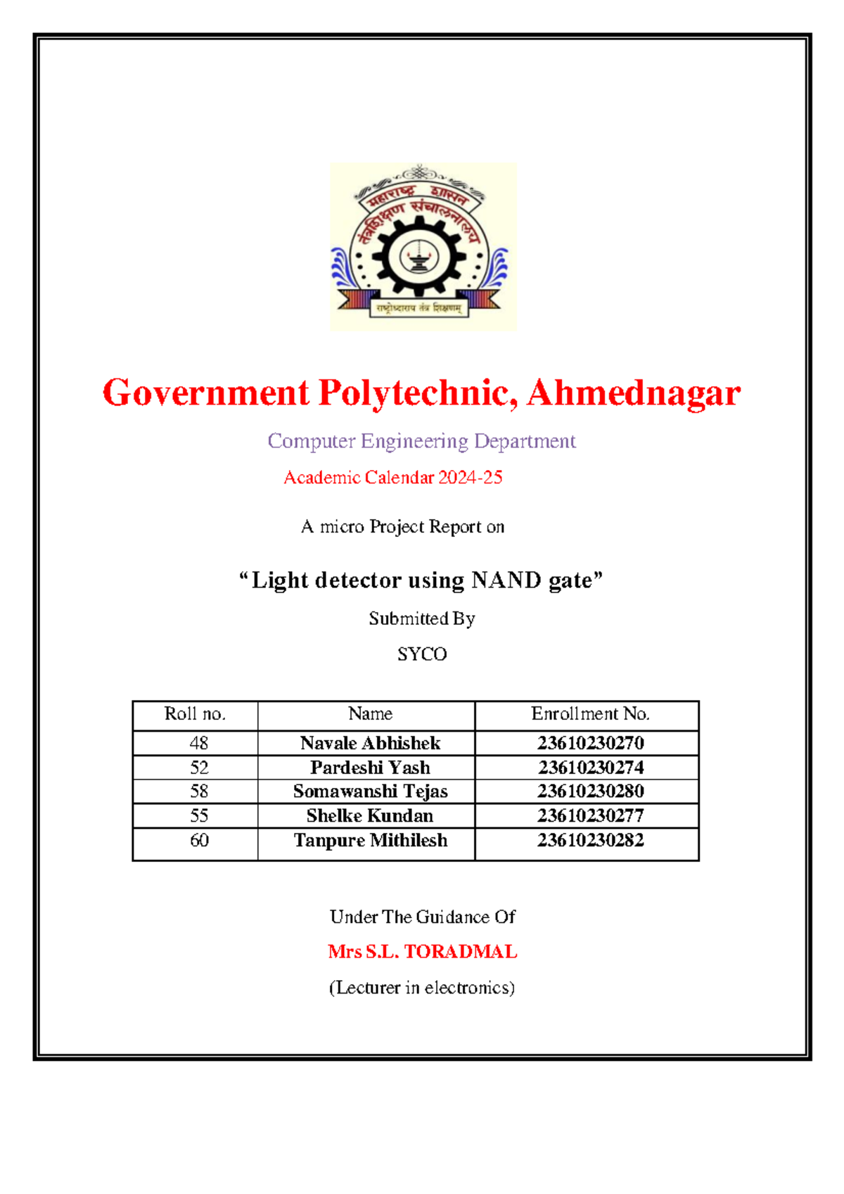 DTE 313303 Micro Project Report: Light Detector Using NAND Gate - Studocu
