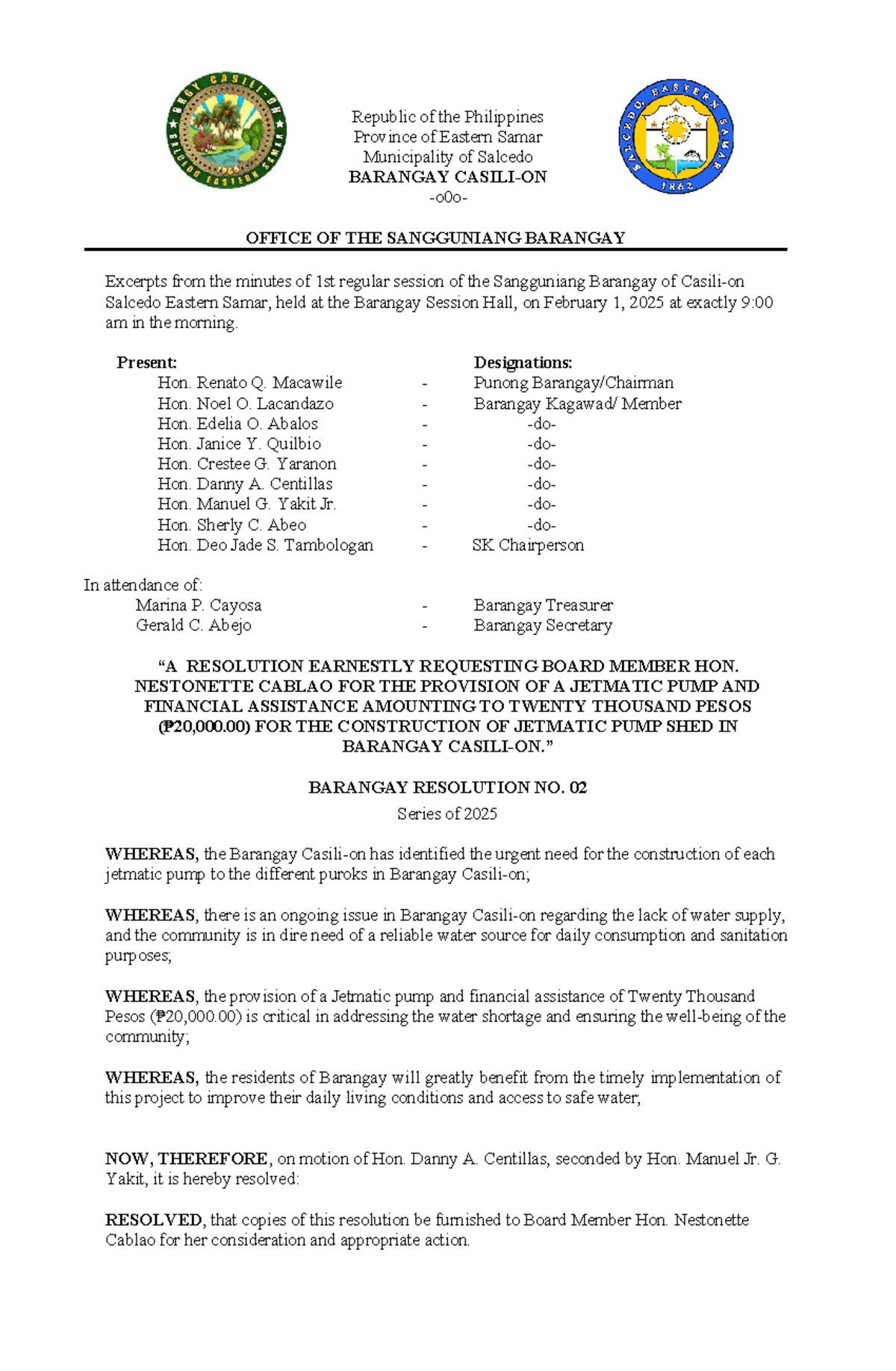 Barangay Resolution No. 02, Series of 2025: Request for Jetmatic Pump ...
