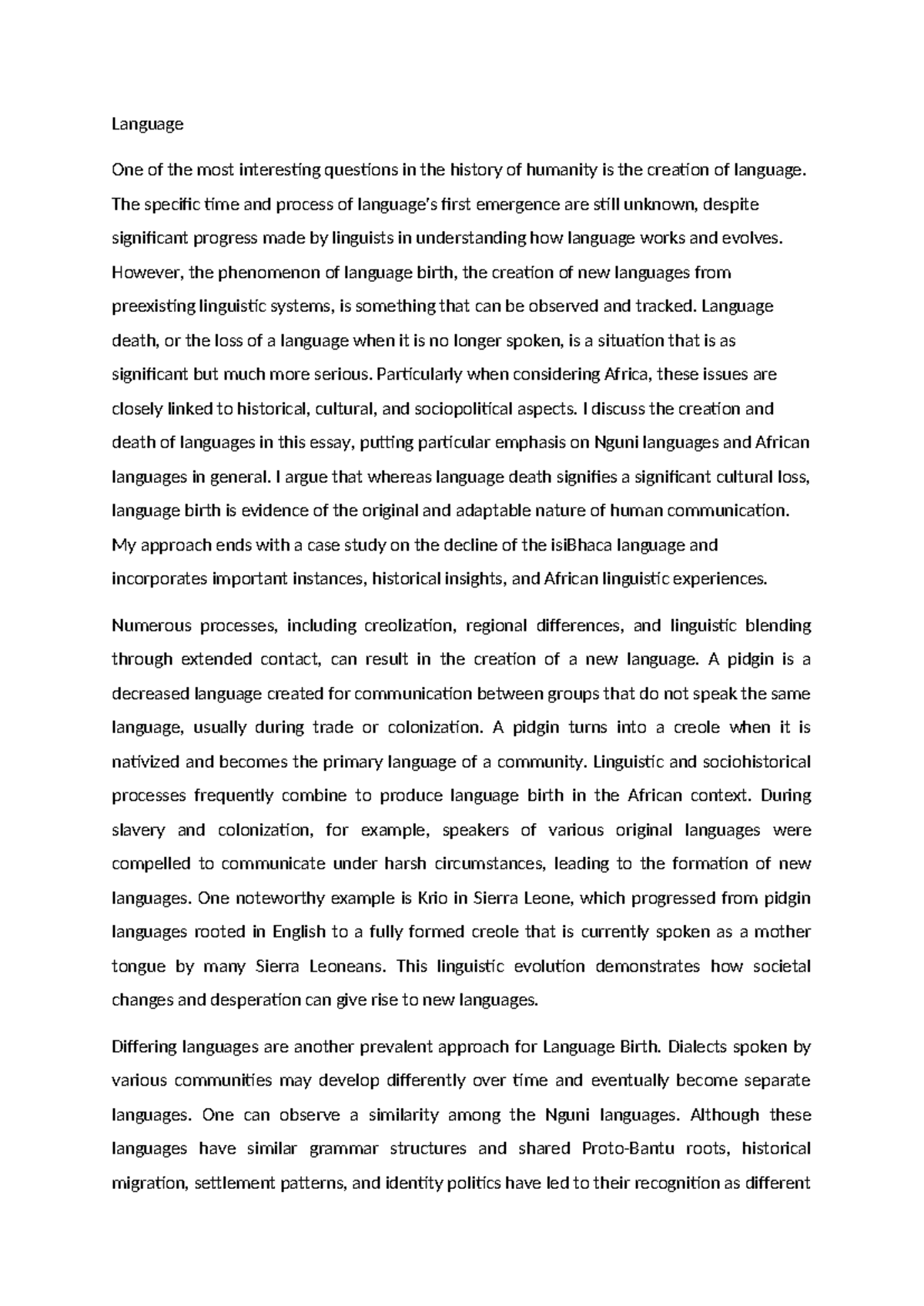 African Language Essay 2: Language Birth & Death in Nguni Contexts ...