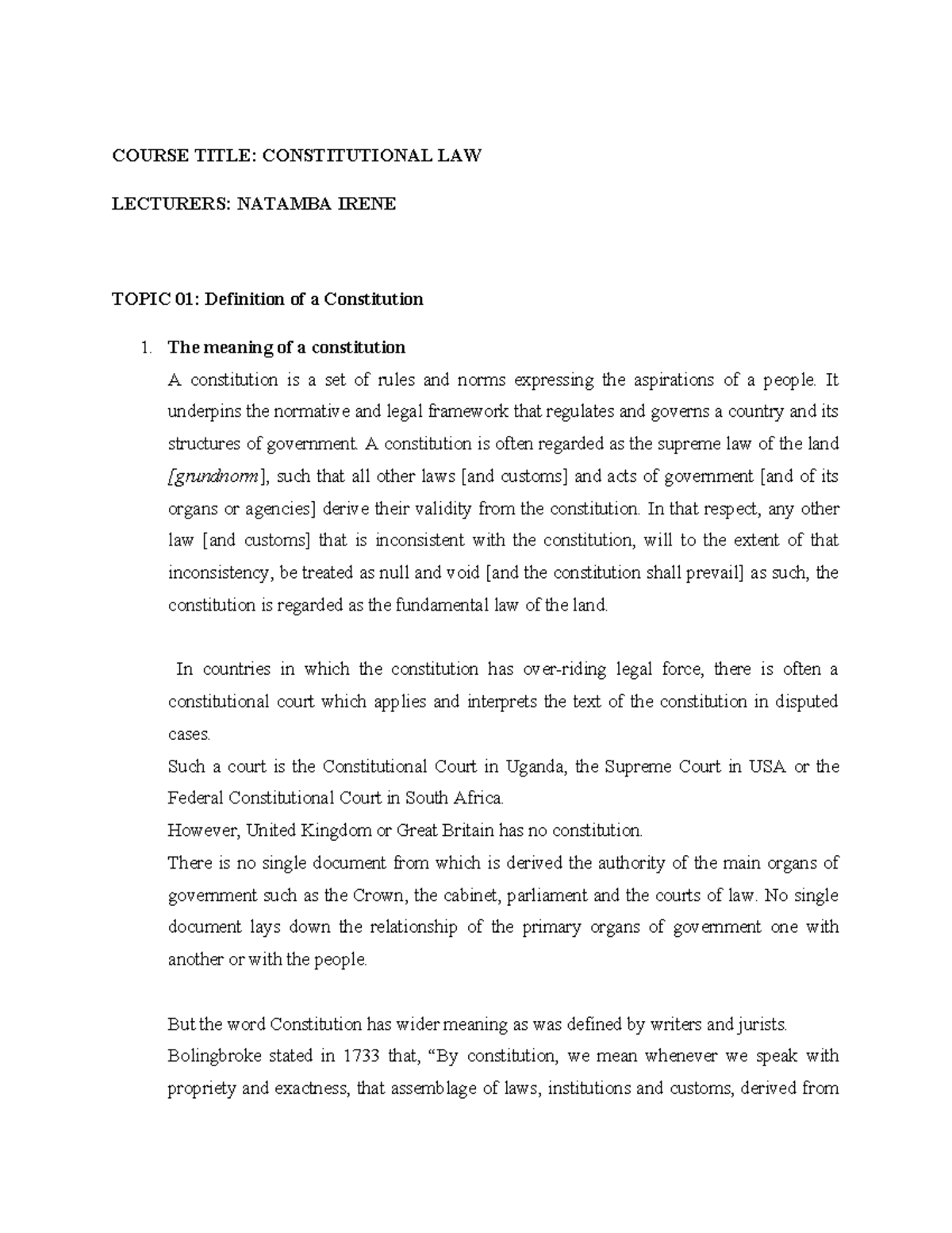 Constitutional LAW Notes - Updated 2024 (Lectures & Key Topics) - Studocu
