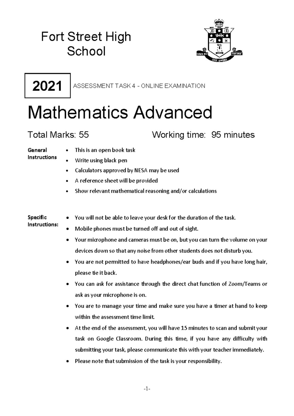 Fort St High 2021 2U Mathematics Advanced Online Exam Instructions ...