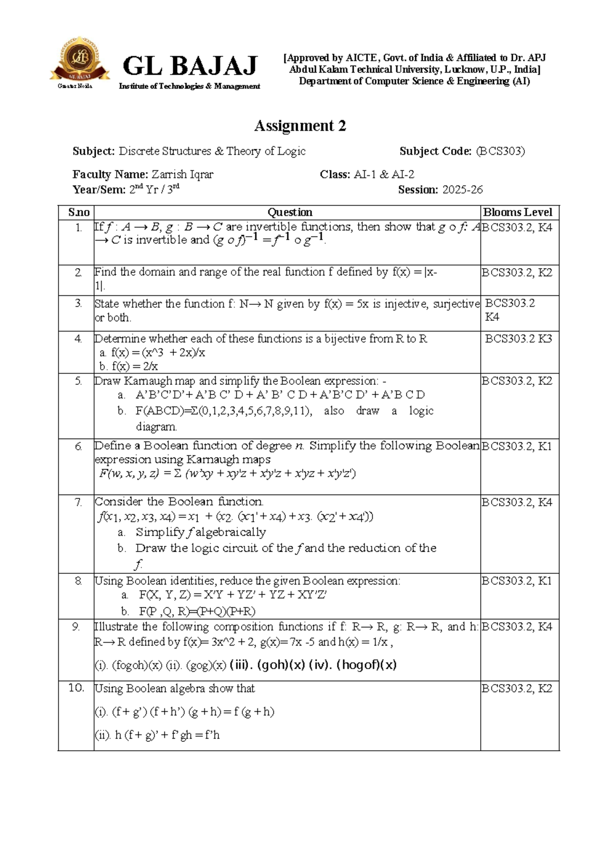 Assignment 2: Discrete Structures (BCS303) - Practice Questions - Studocu