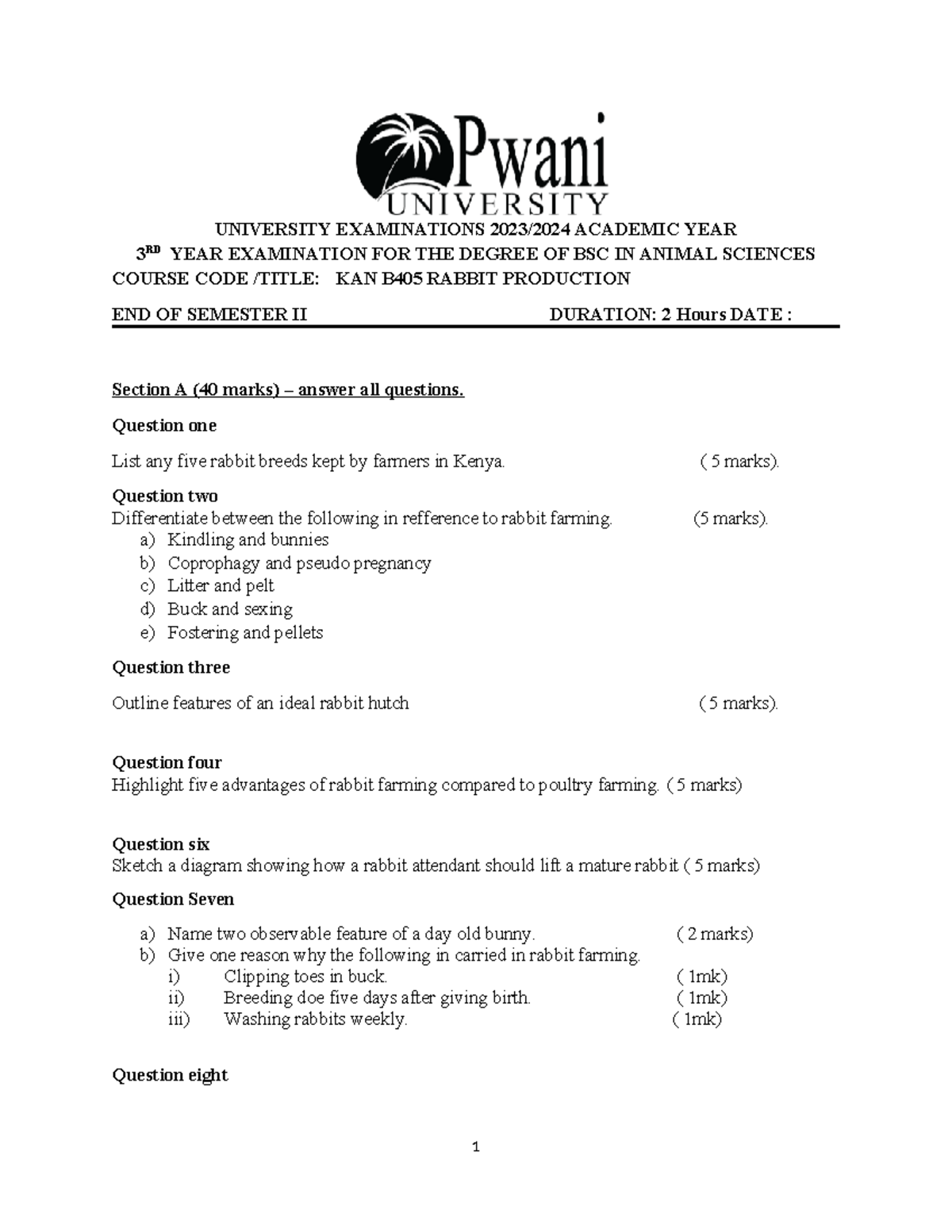 KAN B405 Final Exam: Rabbit Production Strategies and Practices - Studocu