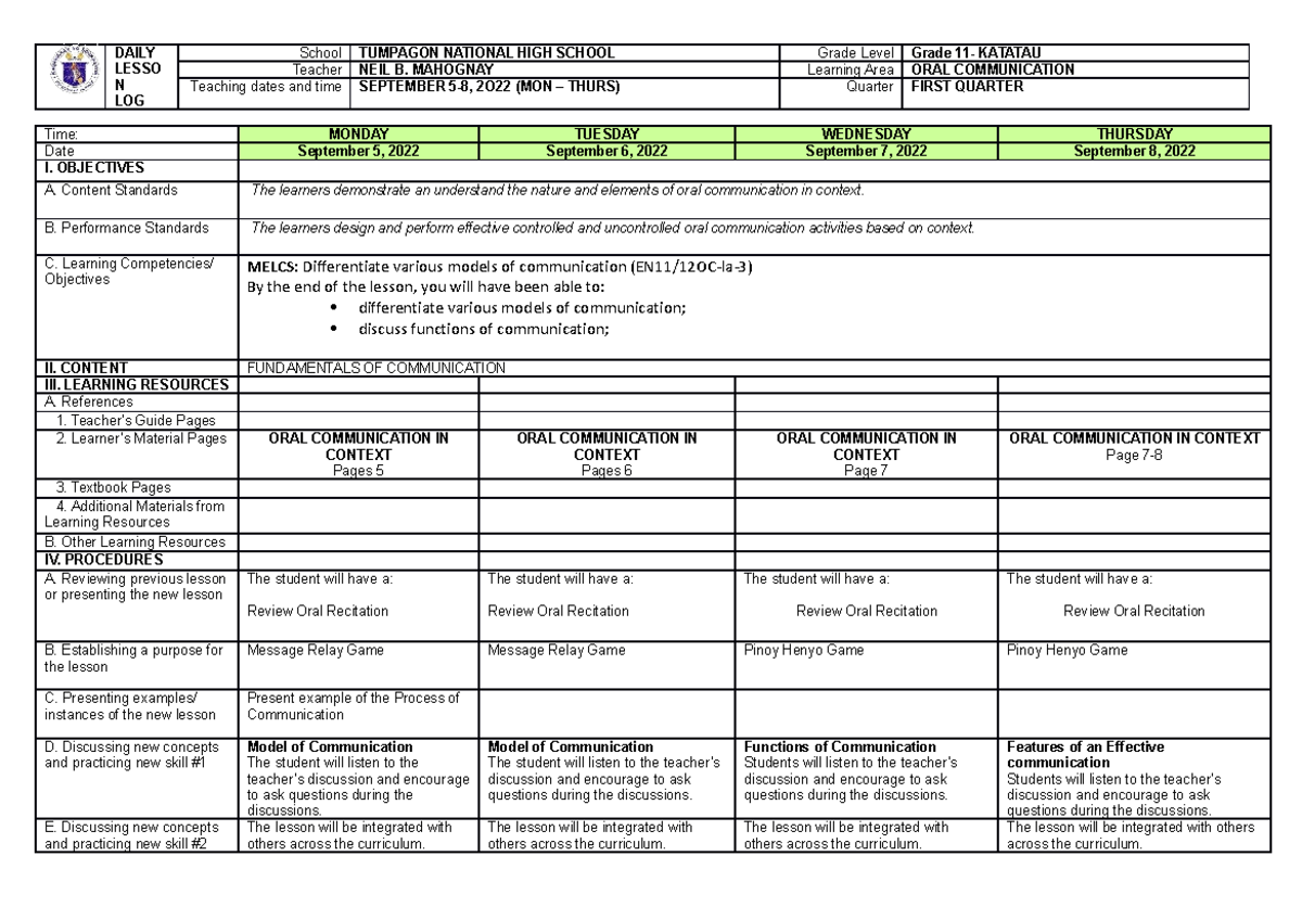 DLL Oral Communication Week 3 Lesson Log (Sept 5-8, 2022) - Studocu