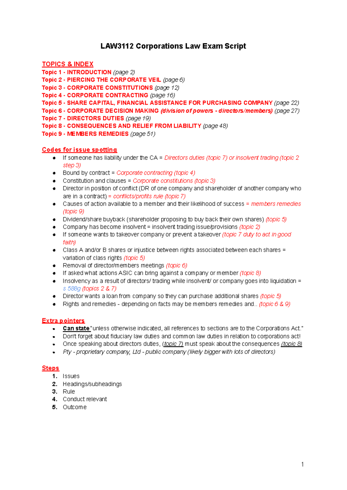 LAW3112 Corporations Law Exam Script: Key Topics Overview - Studocu