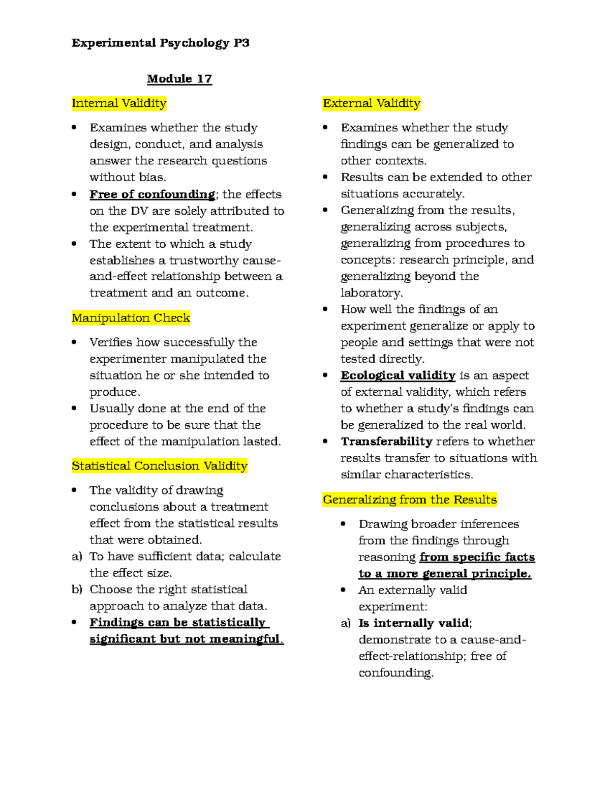 EXPE- P3 Experimental Psychology: Validity and Research Methods Review ...