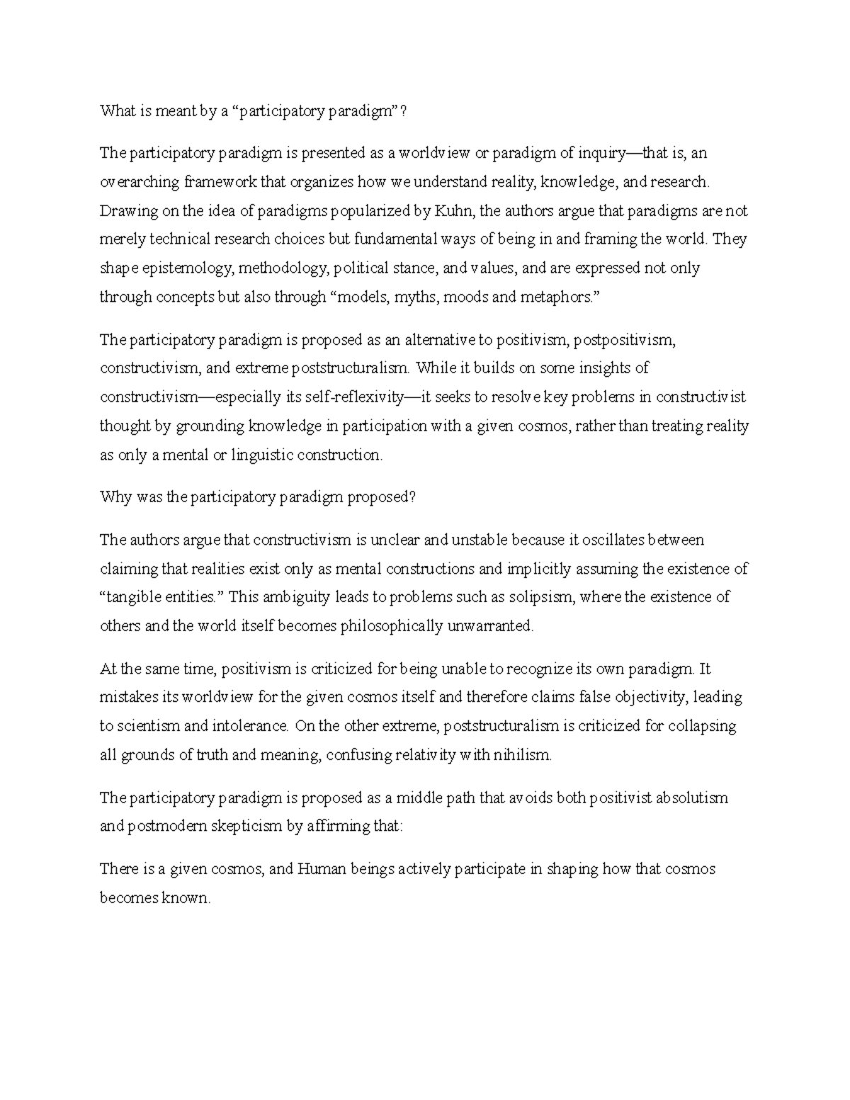 Participatory Paradigm: Understanding Reality and Knowledge (PFPI Notes ...