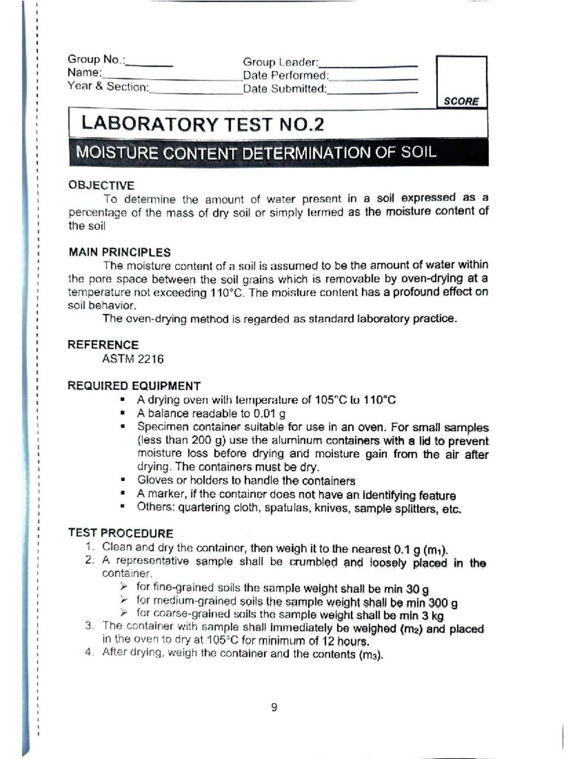 LAB02: Moisture Content Determination of Soil - Laboratory Test No. 2 ...