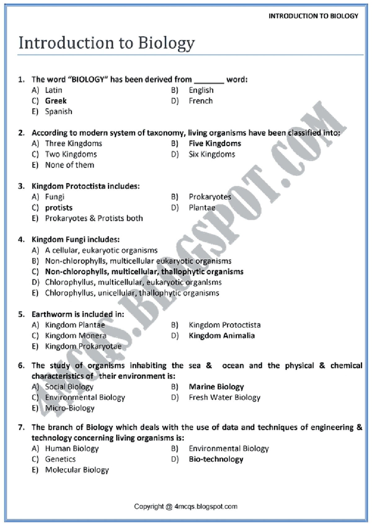 BIO 101: Introduction to Biology Study Guide and MCQs - Studocu