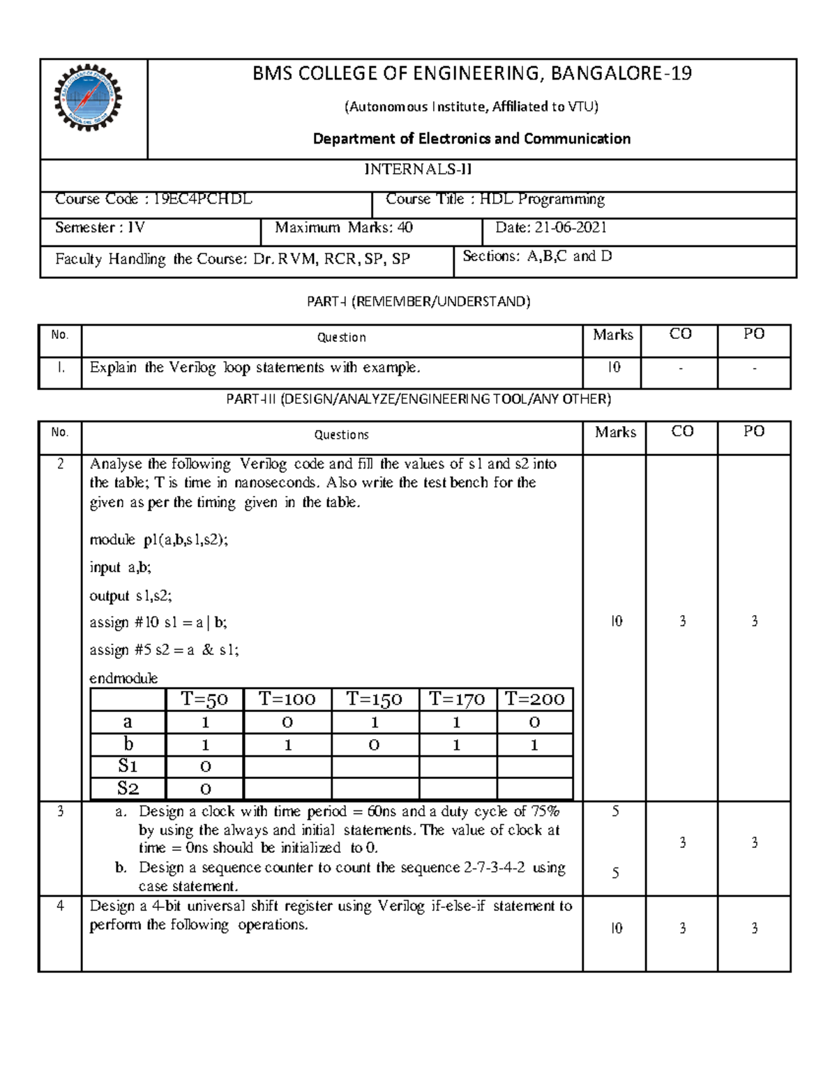 HDL Programming (19EC4PCHDL) - Verilog Loop Statements & Code Analysis ...