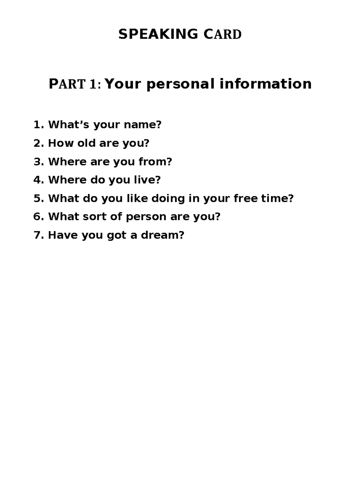 Speaking Card Part 1: Personal Info & University Insights (TA1 K61 ...