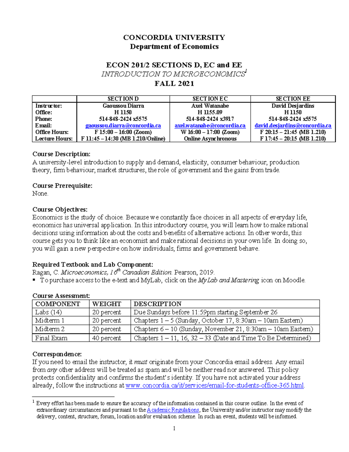 ECON201 Outline - CONCORDIA UNIVERSITY Department of Economics ECON 201 ...