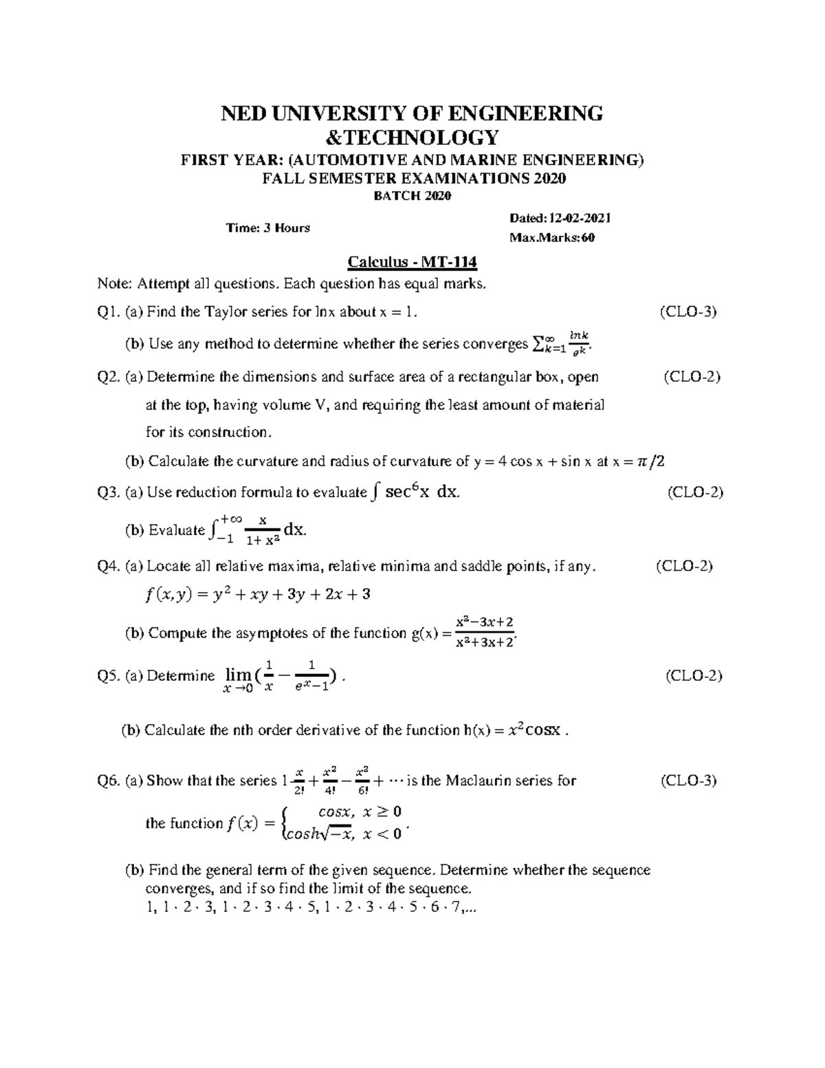 Annual EXAM MT-114 - Past Paper for Fall 2020 (Automotive Engineering ...