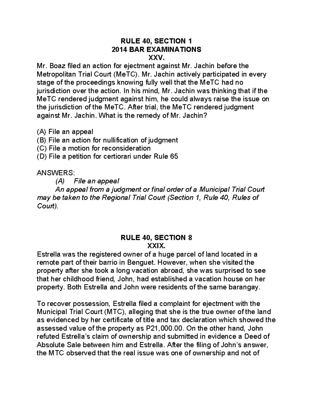 Rule 40, Section 1: Ejectment Cases and Remedies - 2014 Bar Exam ...