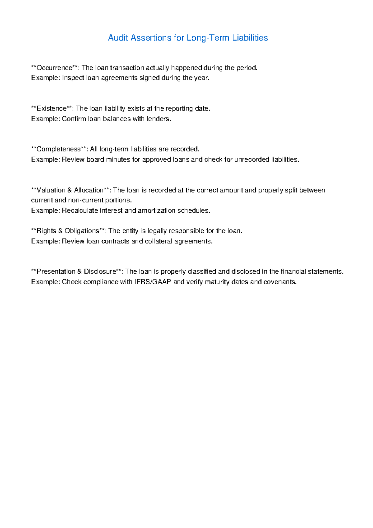 Long Term Liabilities Assertions Study Pack (Audit) - Studocu