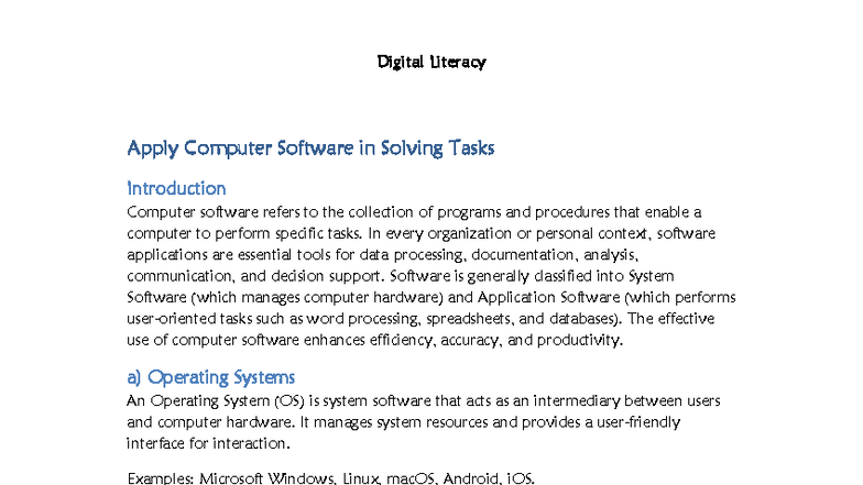Digital Literacy: Applying Computer Software to Solve Tasks - Studocu