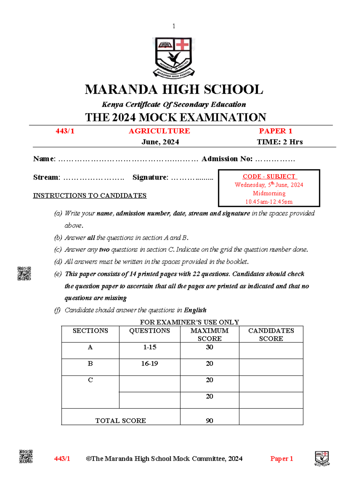 Maranda High School KCSE 2024 Mock Exam Agriculture Paper 1 - Studocu