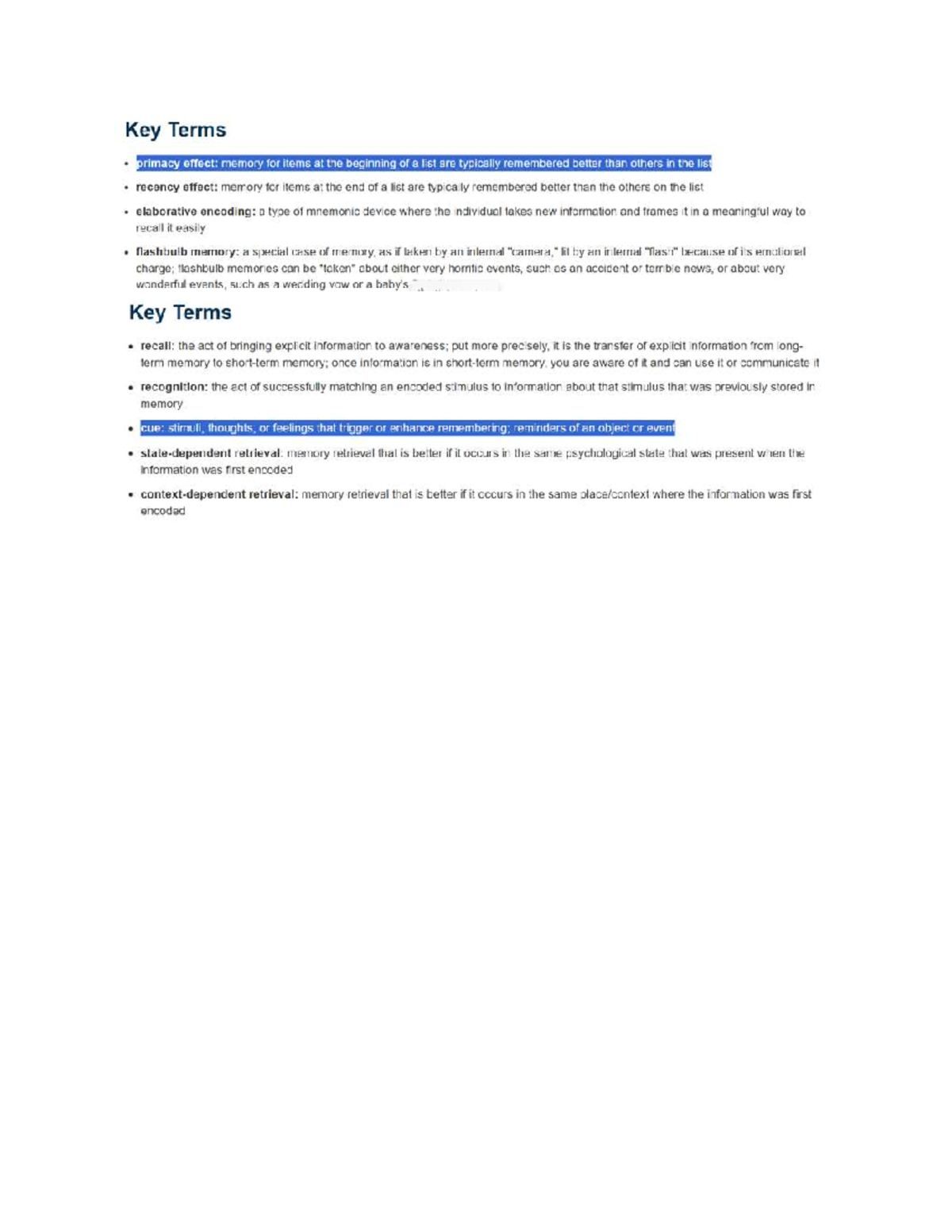 Psych 101: Key Terms on Memory Effects and Retrieval Processes - Studocu