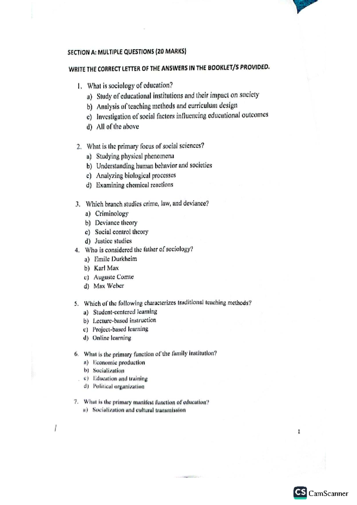 Sociology 2024 Exam: Comprehensive Question Paper (All Sections) - Studocu