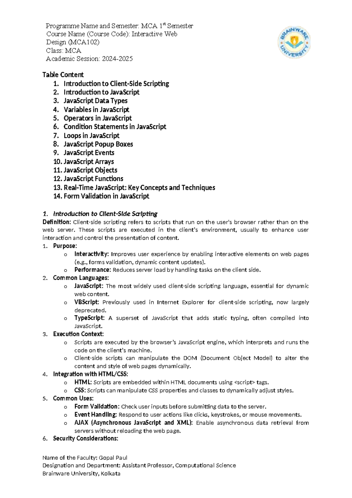 MCA102 - Interactive Web Design: JavaScript Study Notes - Studocu