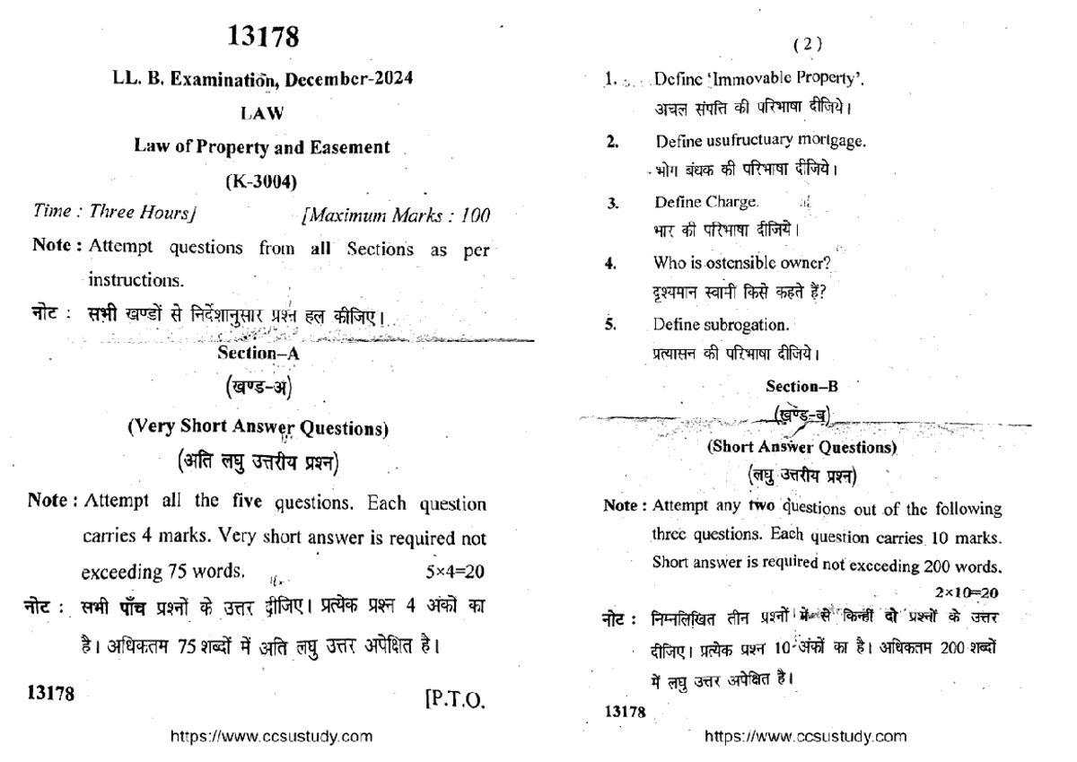 LLB 3 Sem Law of Property & Easement Exam Notes 13178 Dec 2024 - Studocu
