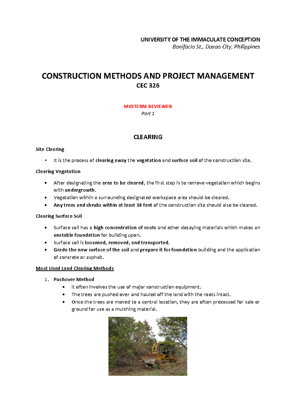 UIC CEC 326 Construction Methods Midterm Reviewer - Studocu