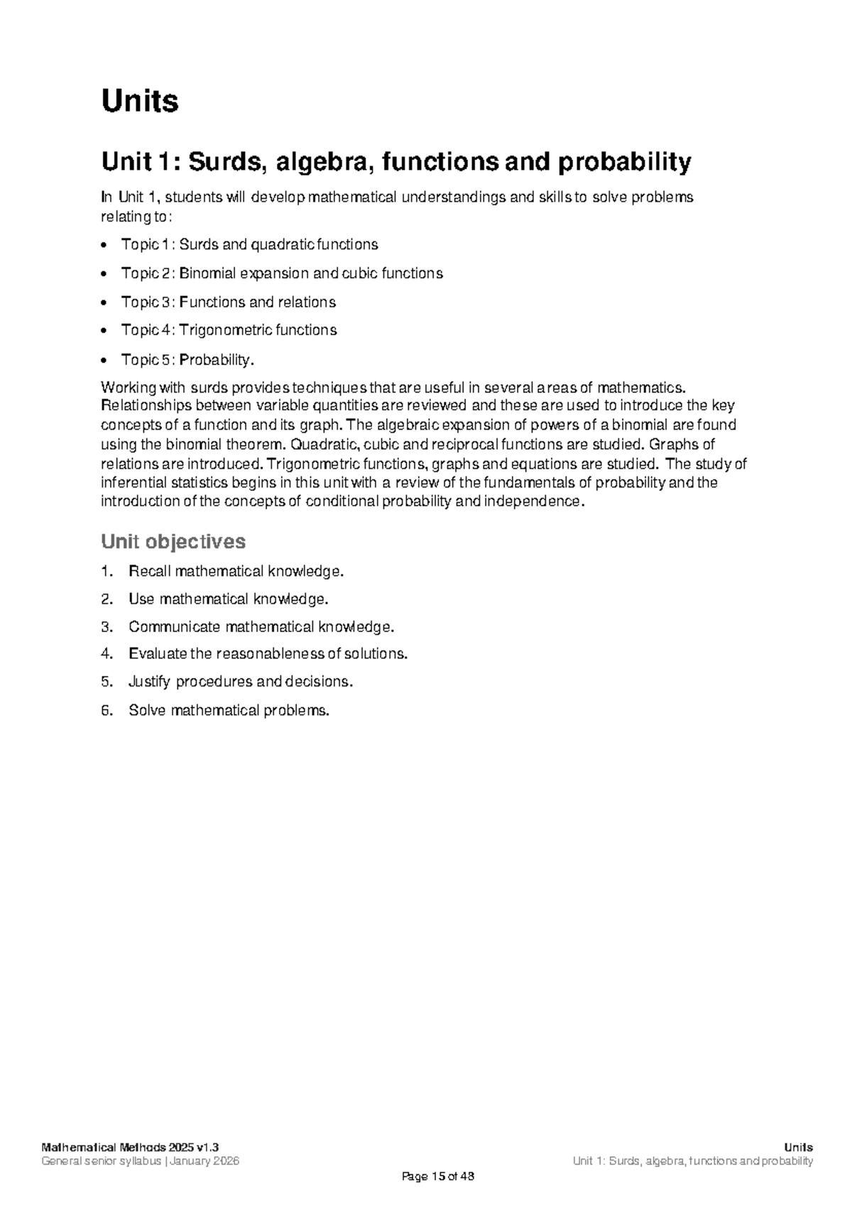Mathematical Methods 2025: Unit 1 - Surds, Algebra, Functions ...