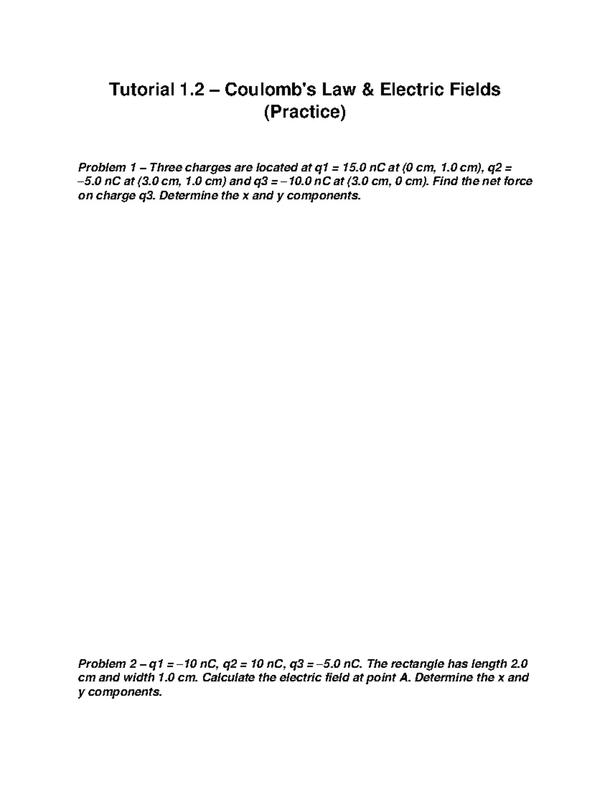 Tutorial 1.2 Electric Fields Practice Problems and Solutions - Studocu