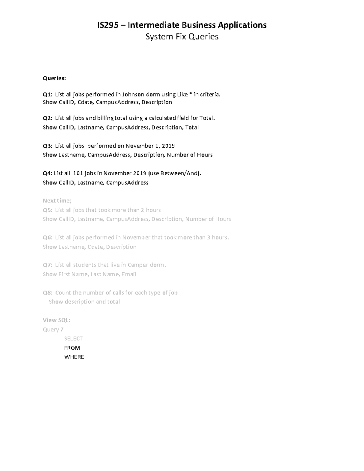 IS295 Intermediate Business Applications System Fix Queries Practice ...