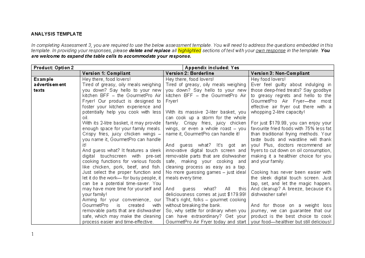 Assessment 3 Analysis Template for Advertising Compliance - Studocu