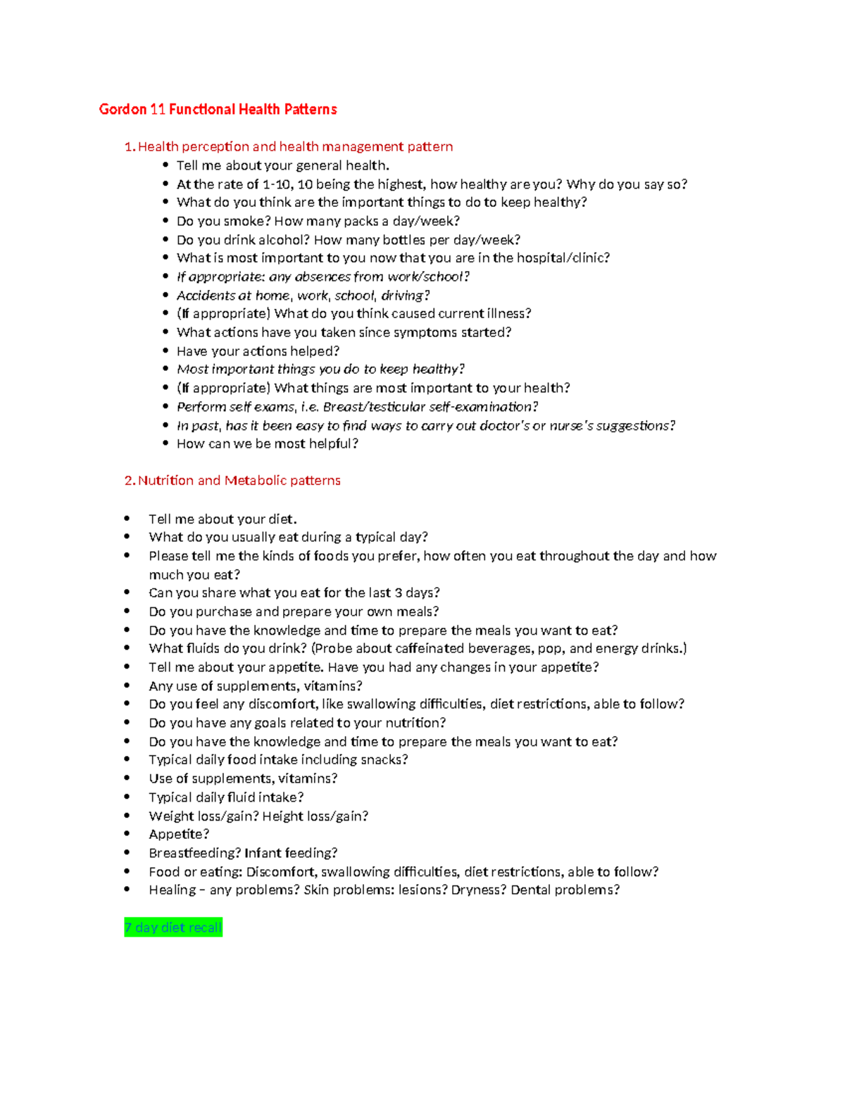 Gordon's Functional Health Patterns Guide Questions - Health Assessment ...