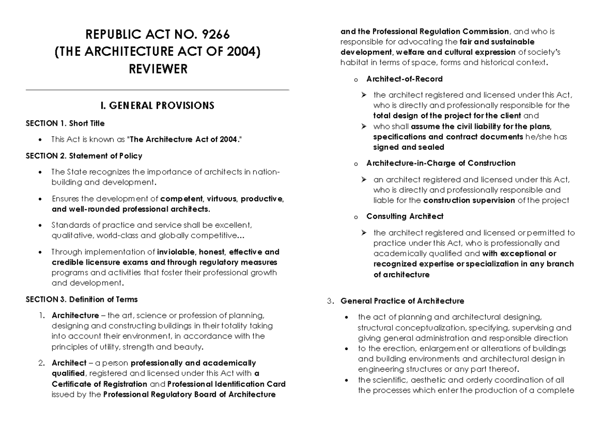 RA 9266: Comprehensive Reviewer on the Architecture Act of 2004 - Studocu