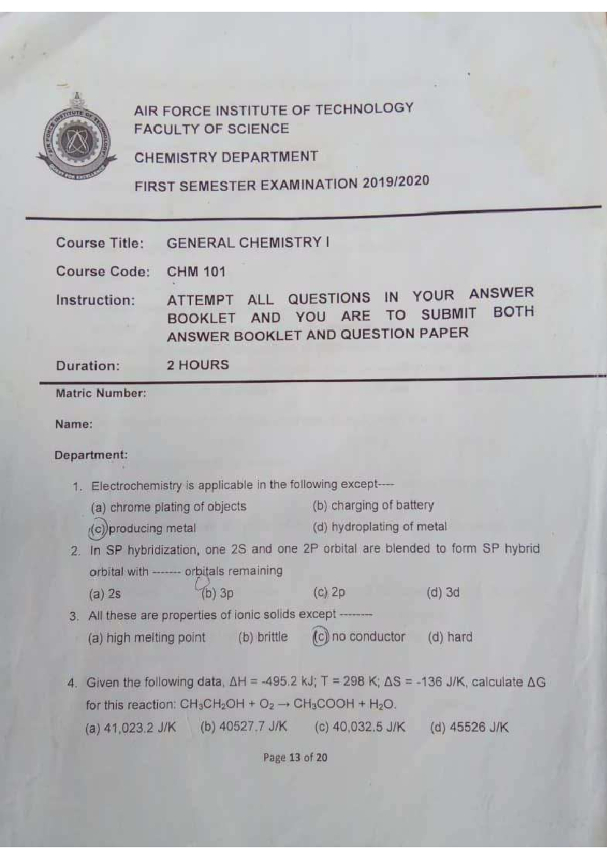 CHM 101 General Chemistry I: First Semester Exam Questions - Studocu