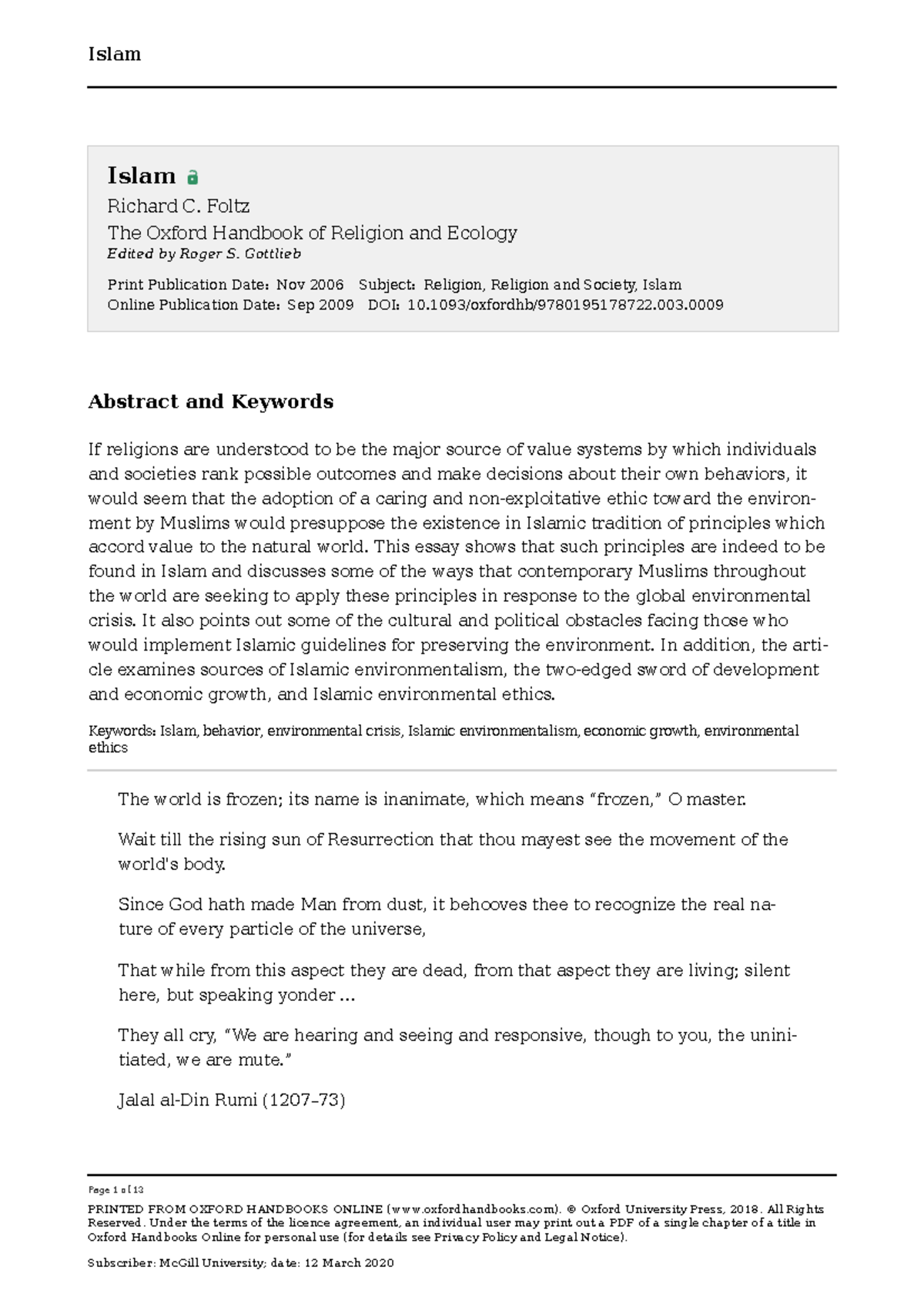 Islam and Environmental Ethics: Insights from Richard C. Foltz (2006 ...