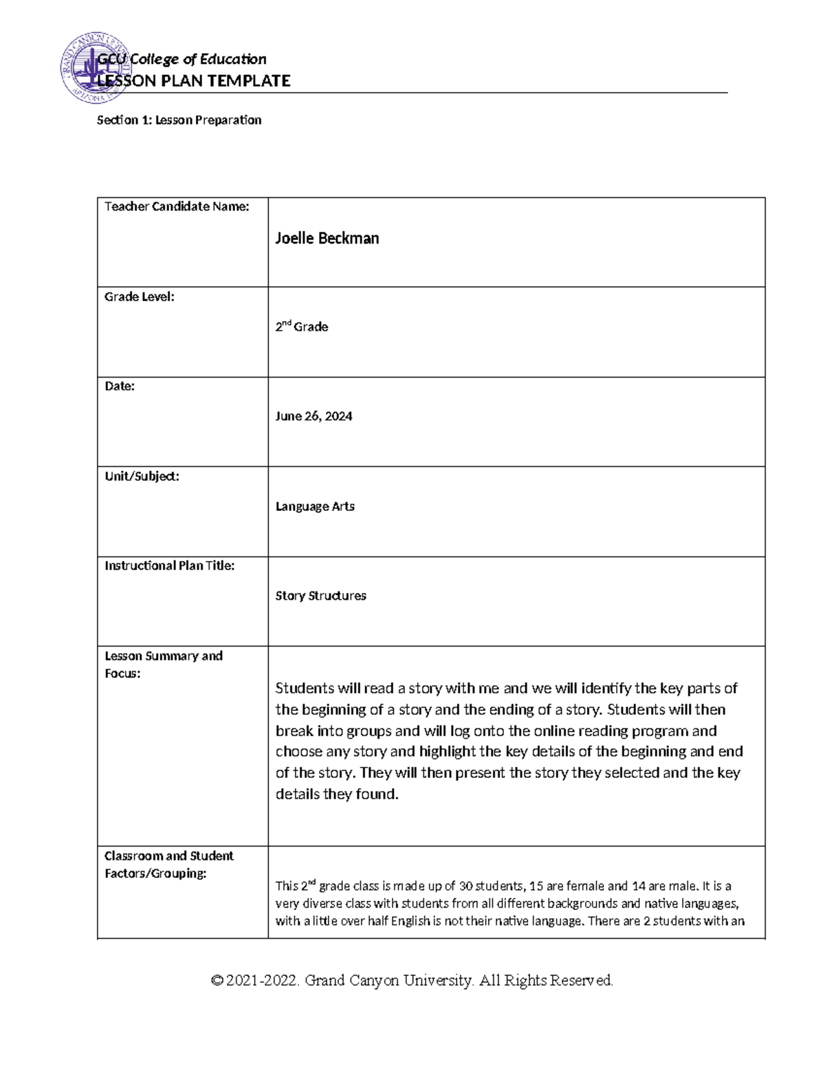 ELM 210 COE Language Arts Lesson Plan on Story Structures - Studocu