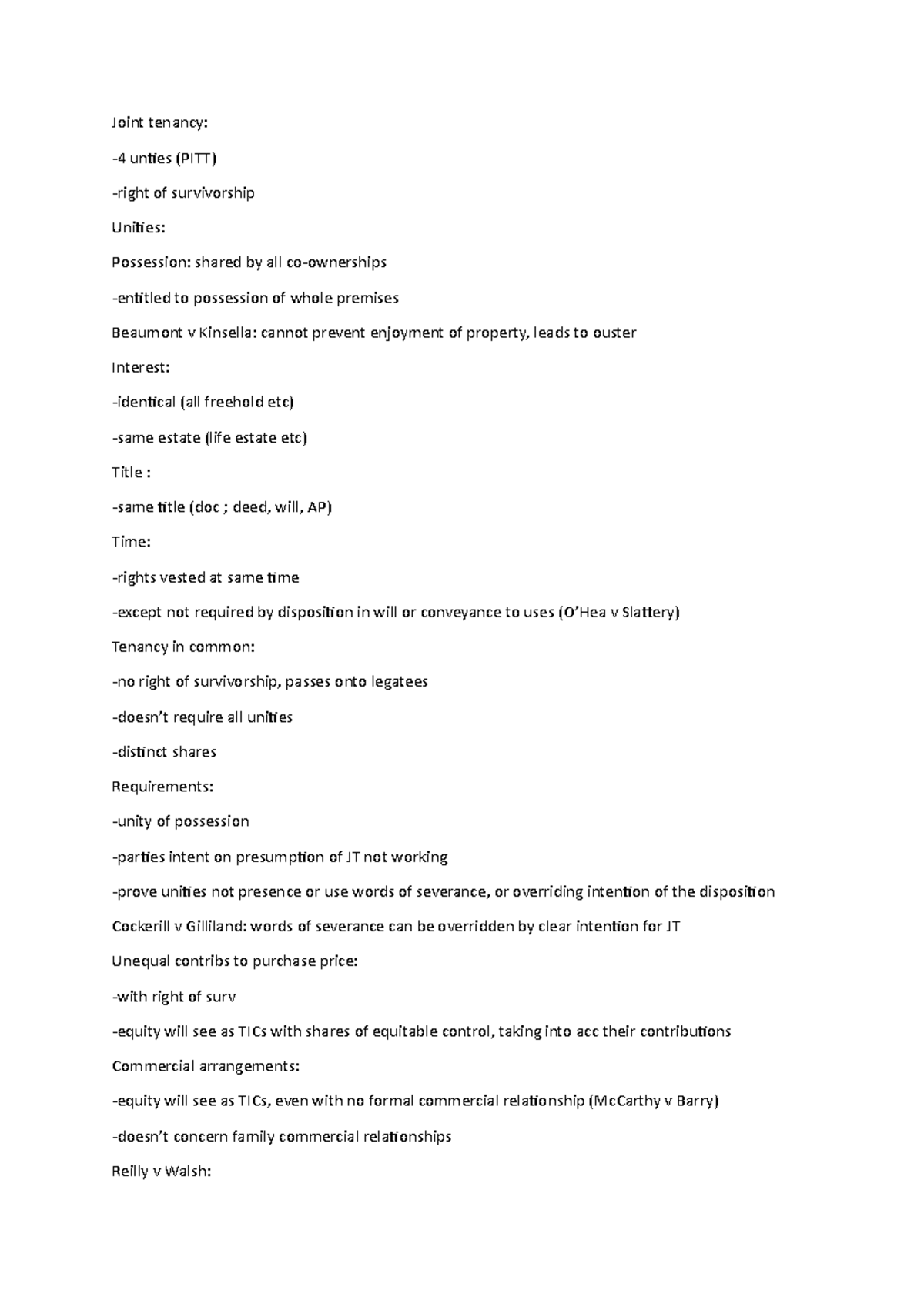 Coownership Exam Notes: Joint Tenancy & Tenancy in Common - Studocu