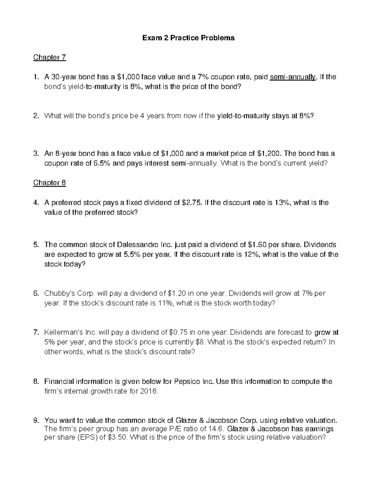 Financial Analysis and Valuation Problems - Exam Preparation - Exam 2 ...