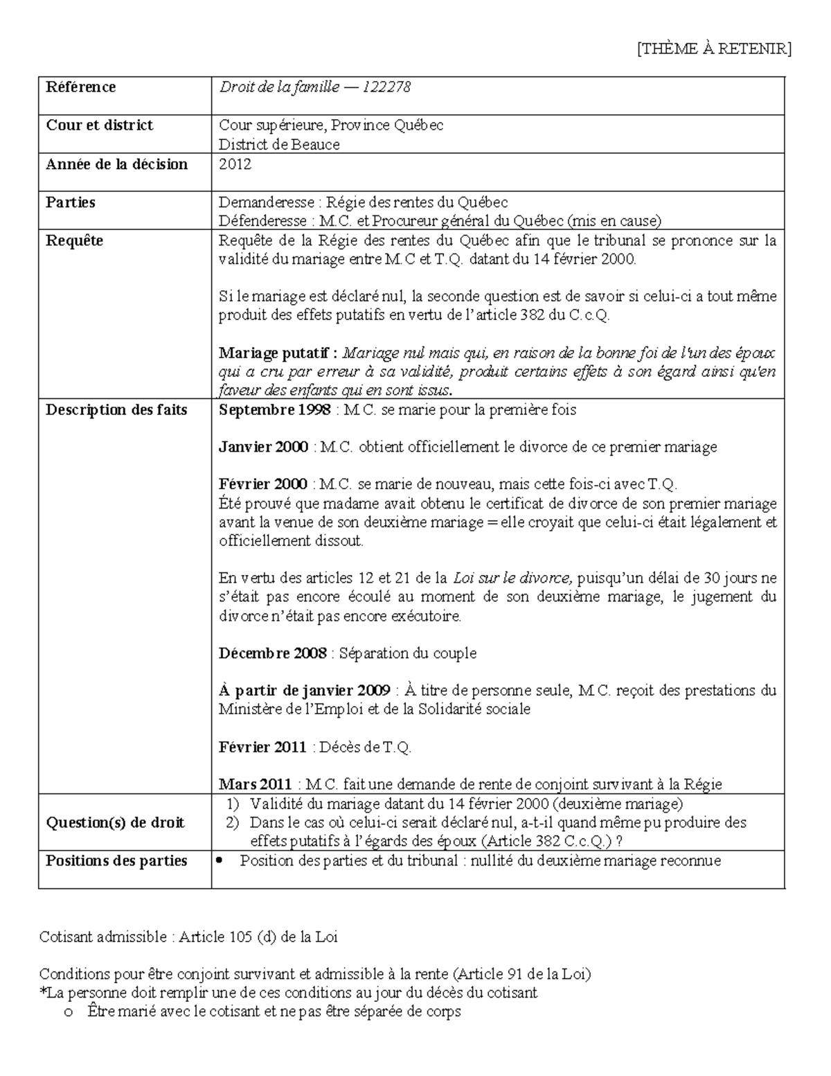 Résumé jurisprudence: Droit de la famille — 122278 et Décision C.D. c ...