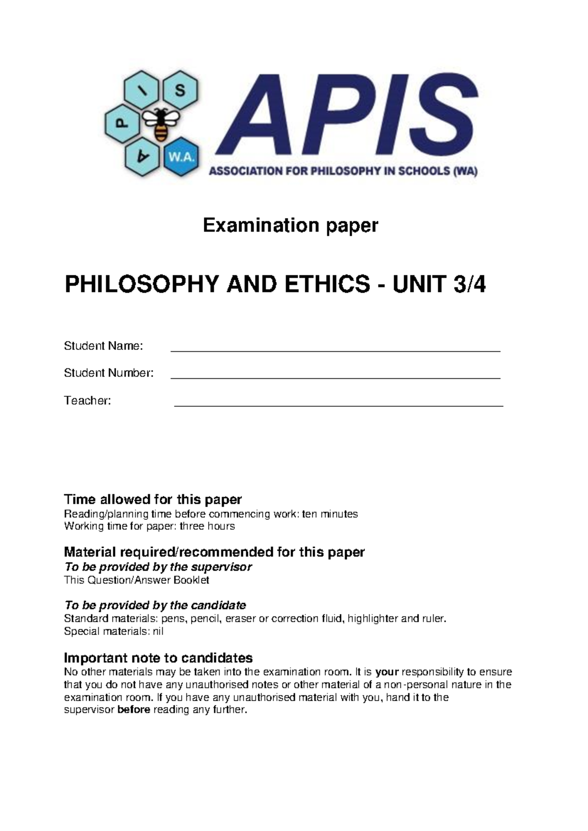 2020 U3 and U4 Philosophy & Ethics Exam Paper - Studocu